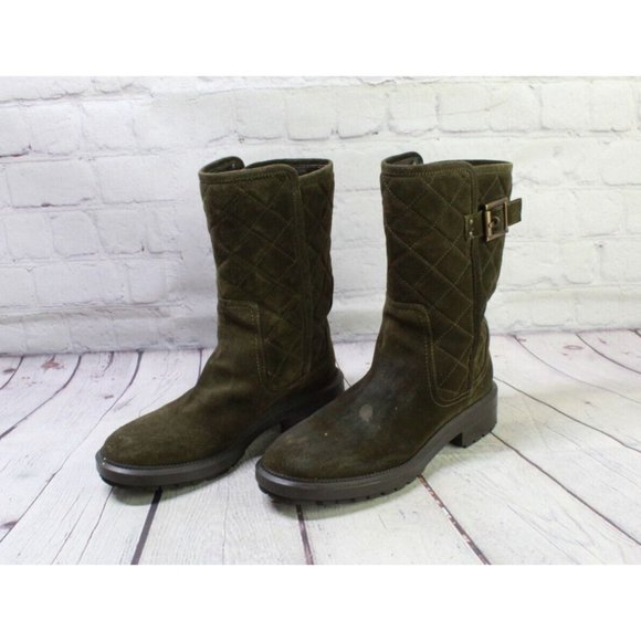 Aquatalia Olive Green Suede Quilted WP Mid Calf Pull on Boots US 6 - Picture 2 of 10